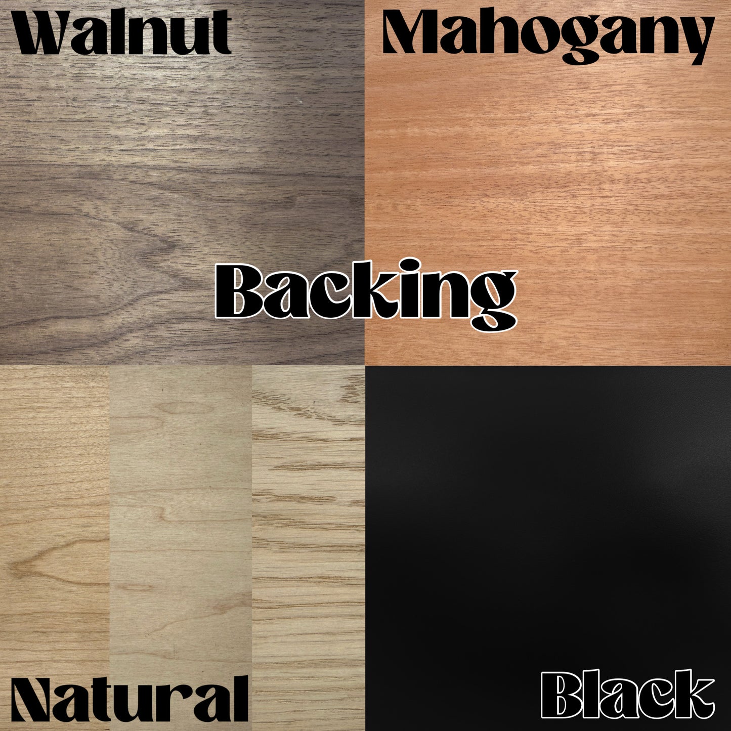 Four different wood finishes labeled Walnut, Mahogany, Natural, and Black on a wooden surface.